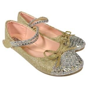 Link 3 Gold Glitter Mary Jane Flats Rhinestone Bow Dress Shoes Princesscore Glam
